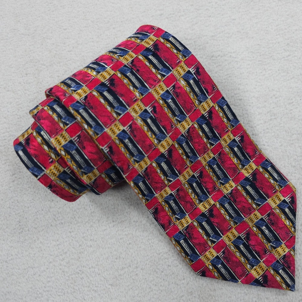 Brioni Necktie Blue Red Gold Geometric 100% Silk Tie Designer Roma Luxury
